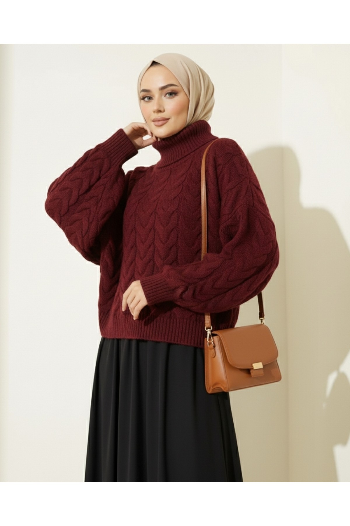 Örgü Desenli Boğazlı Triko Kazak  -Bordo