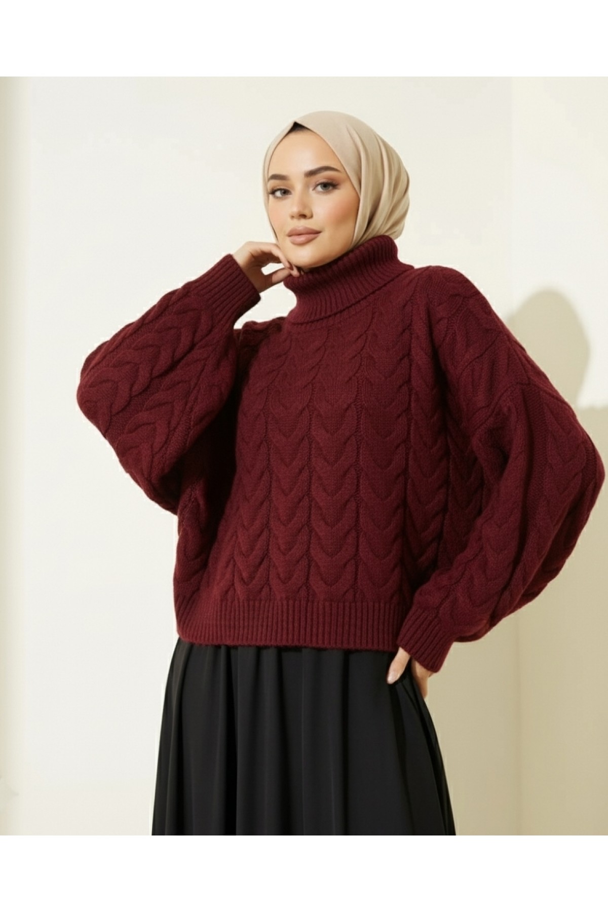 Örgü Desenli Boğazlı Triko Kazak  -Bordo