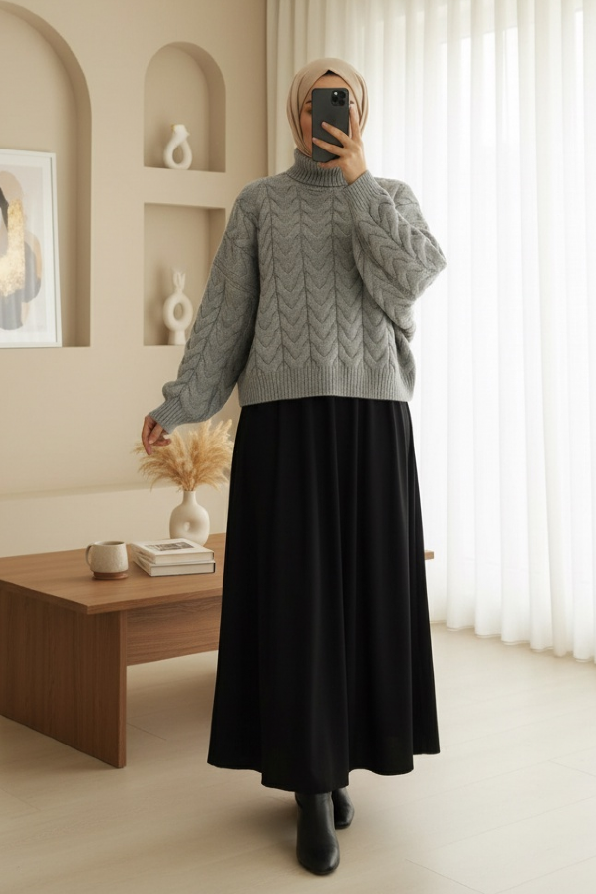 Örgü Desenli Boğazlı Triko Kazak  -Gri