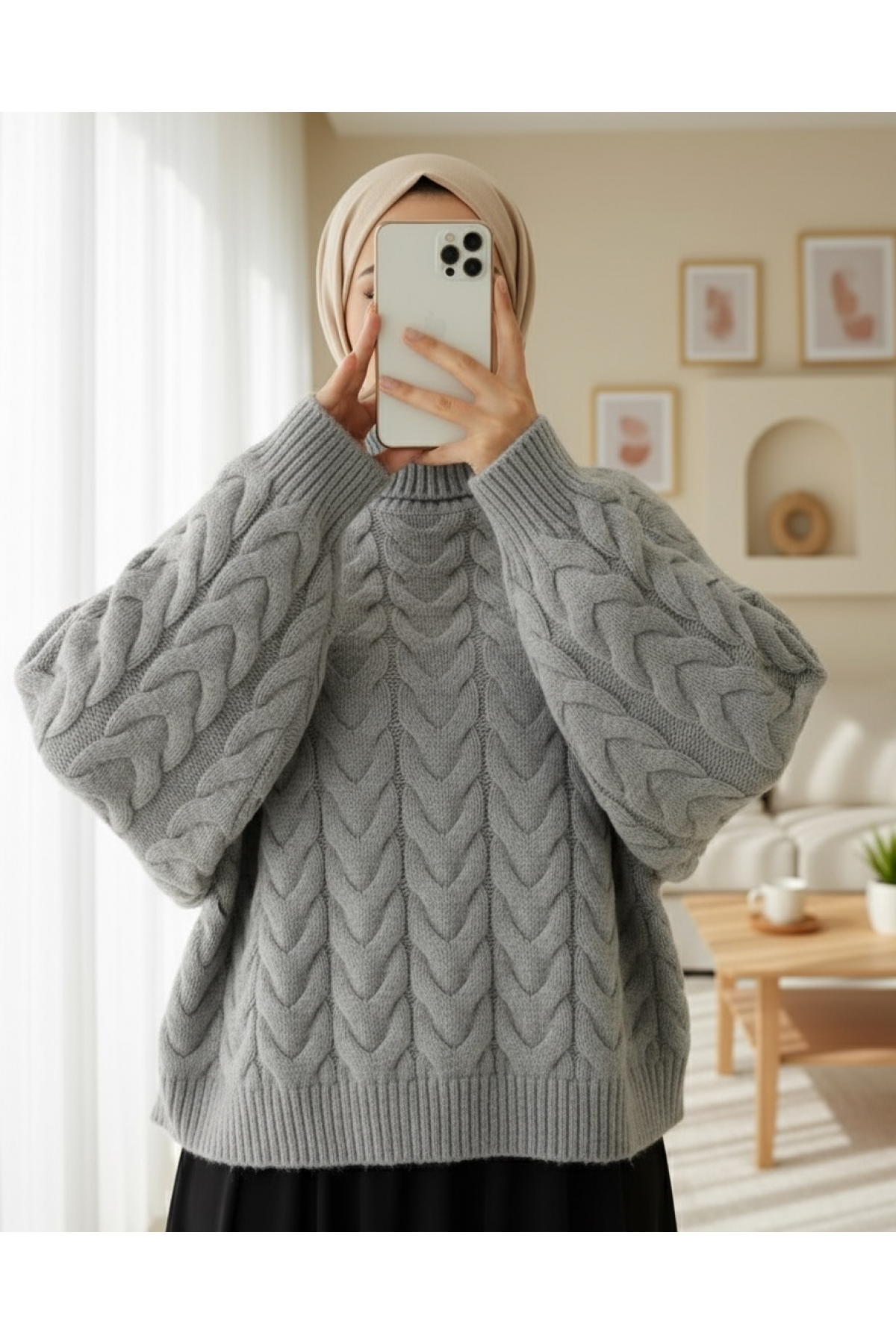 Örgü Desenli Boğazlı Triko Kazak  -Gri