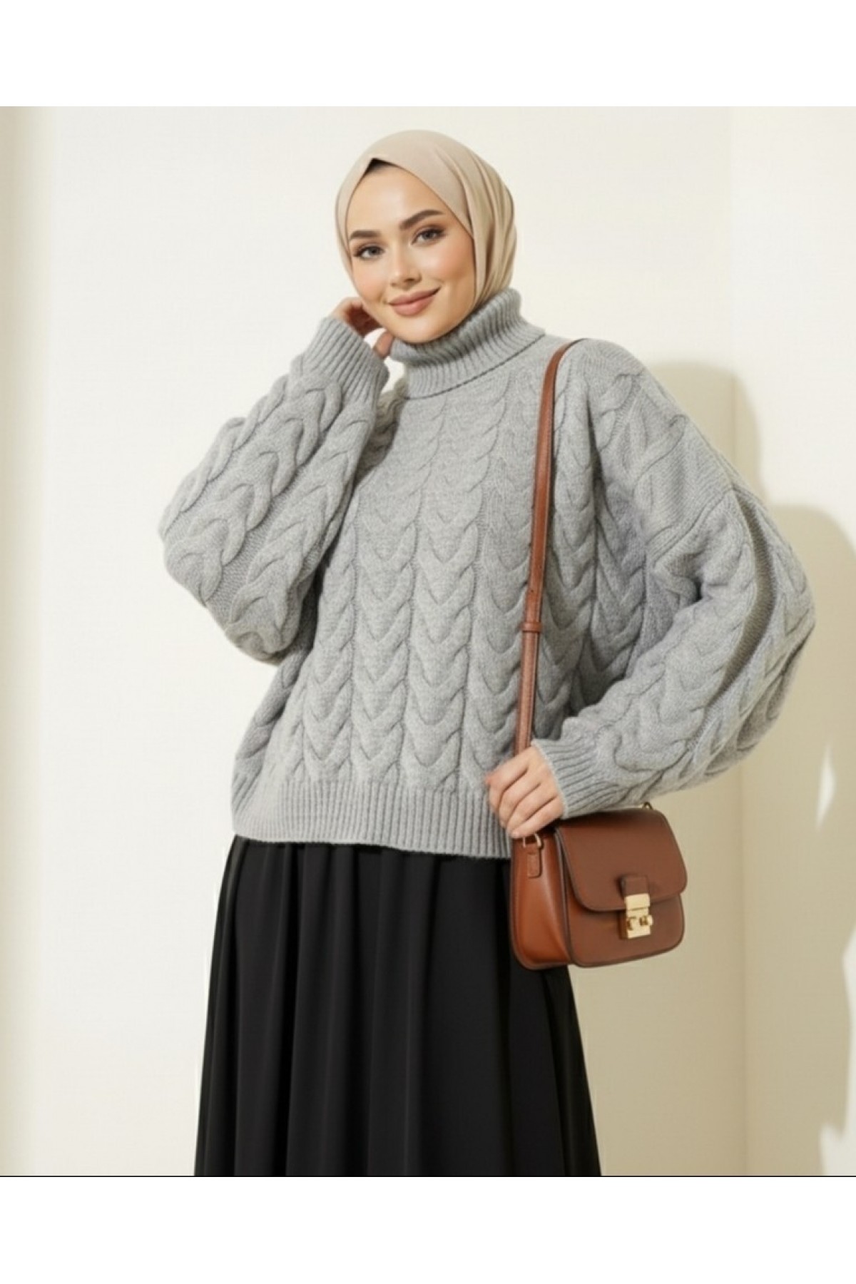 Örgü Desenli Boğazlı Triko Kazak  -Gri