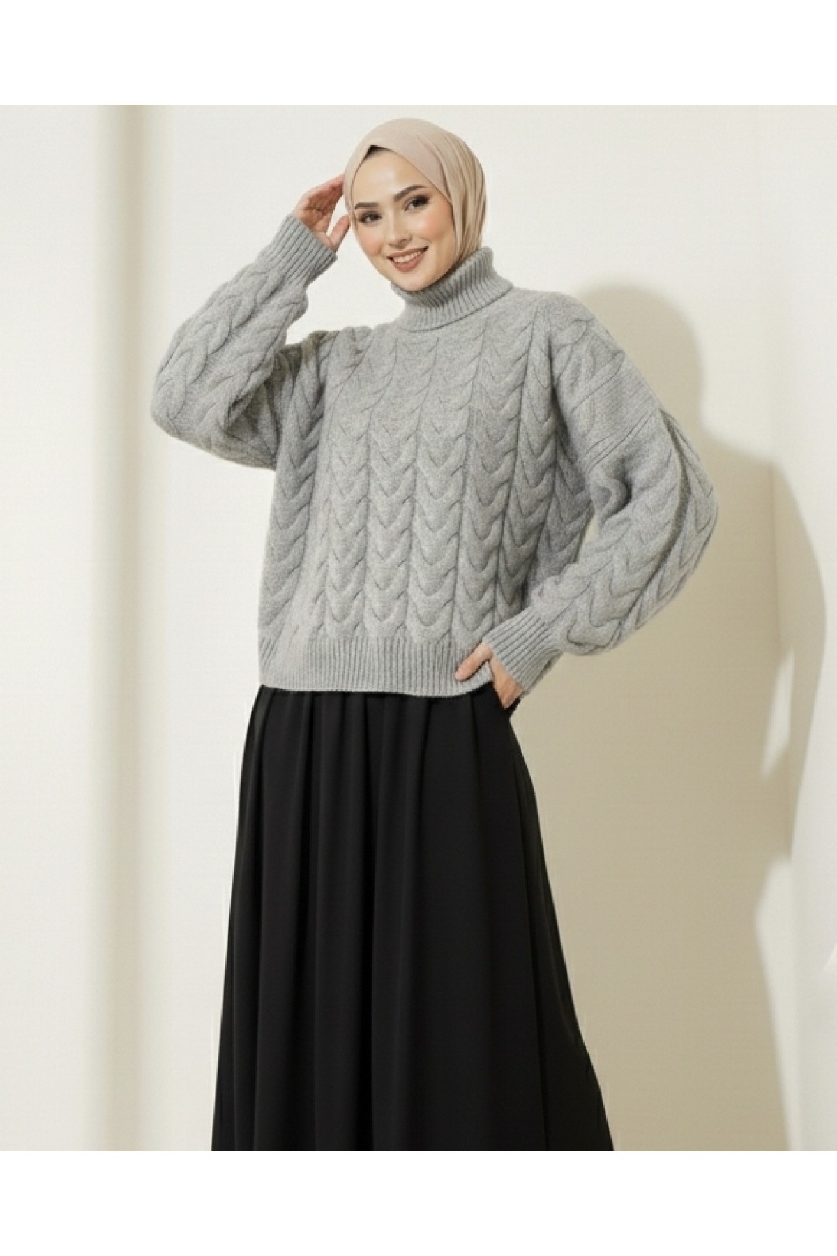 Örgü Desenli Boğazlı Triko Kazak  -Gri