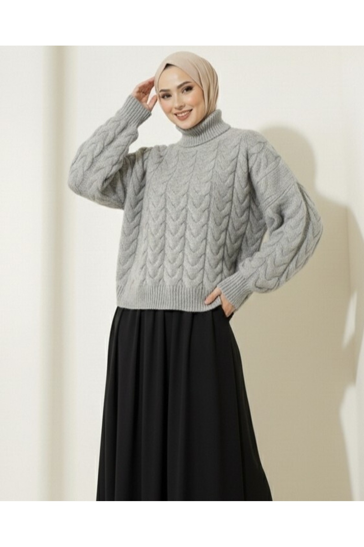 Örgü Desenli Boğazlı Triko Kazak  -Gri