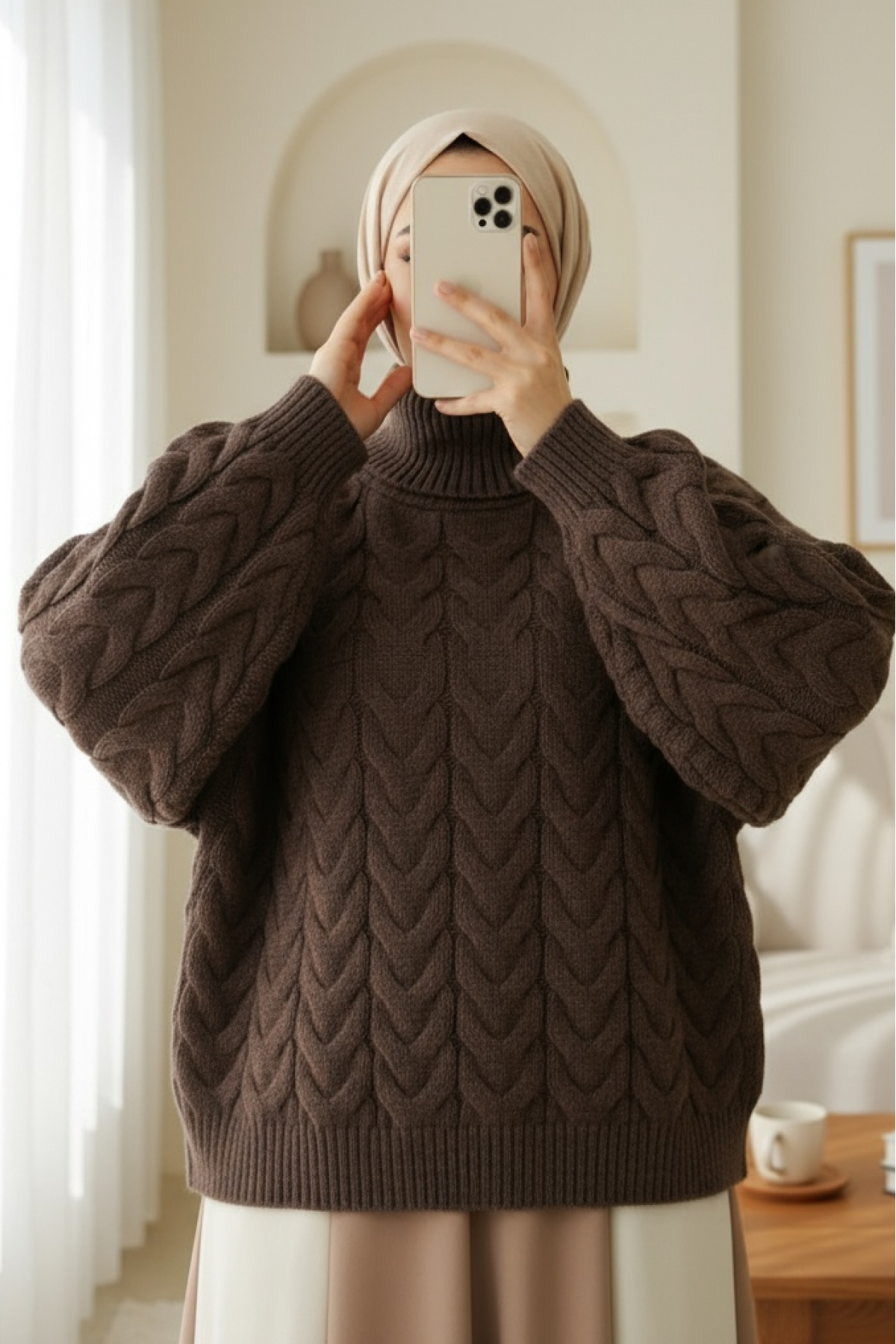 Örgü Desenli Boğazlı Triko Kazak  -Kahve