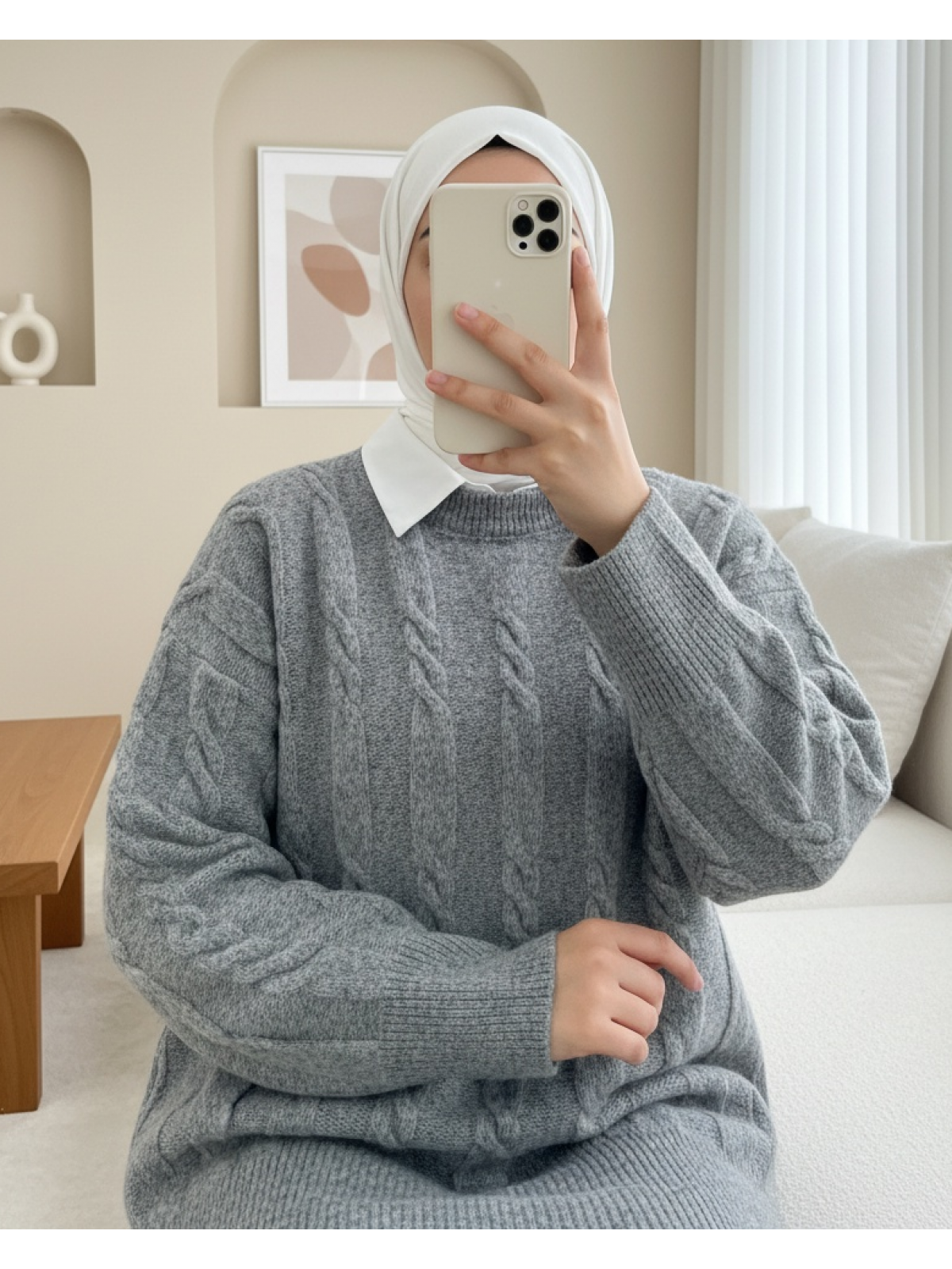 Kabartma Desenli Yumoş Triko Kazak -Gri