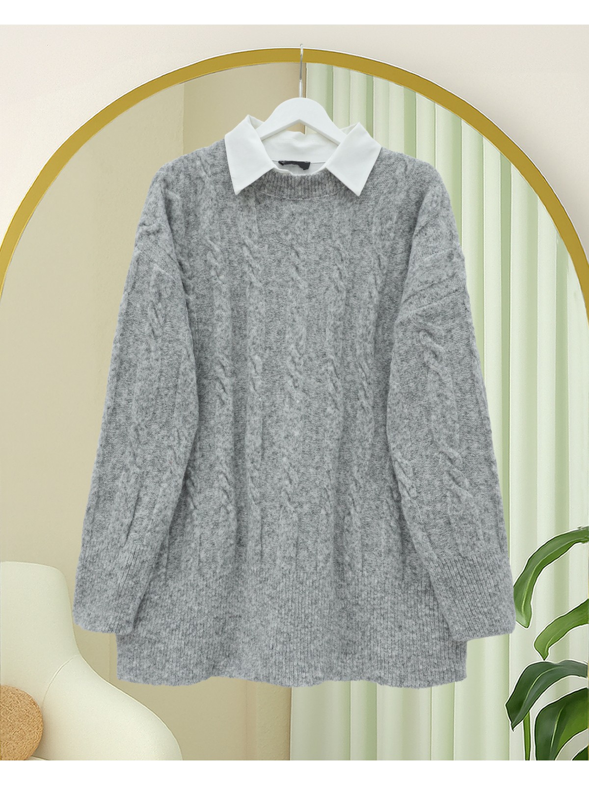 Kabartma Desenli Yumoş Triko Kazak -Gri