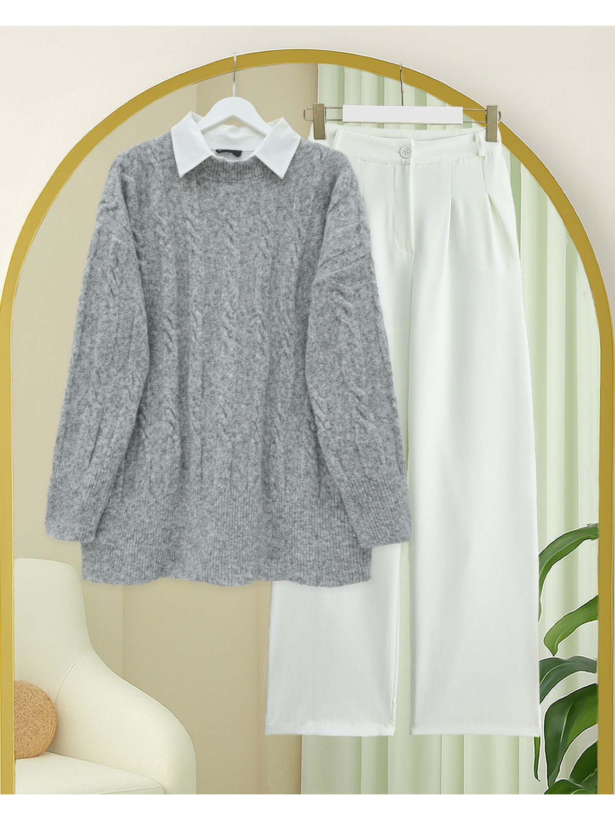 Kabartma Desenli Yumoş Triko Kazak -Gri