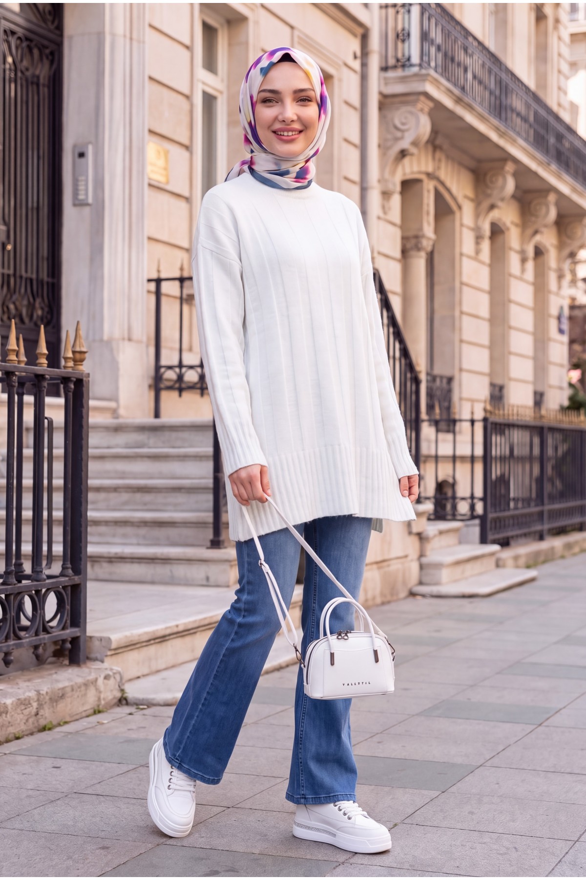 Half-Neck Striped Patterned Soft Knit Sweater -White