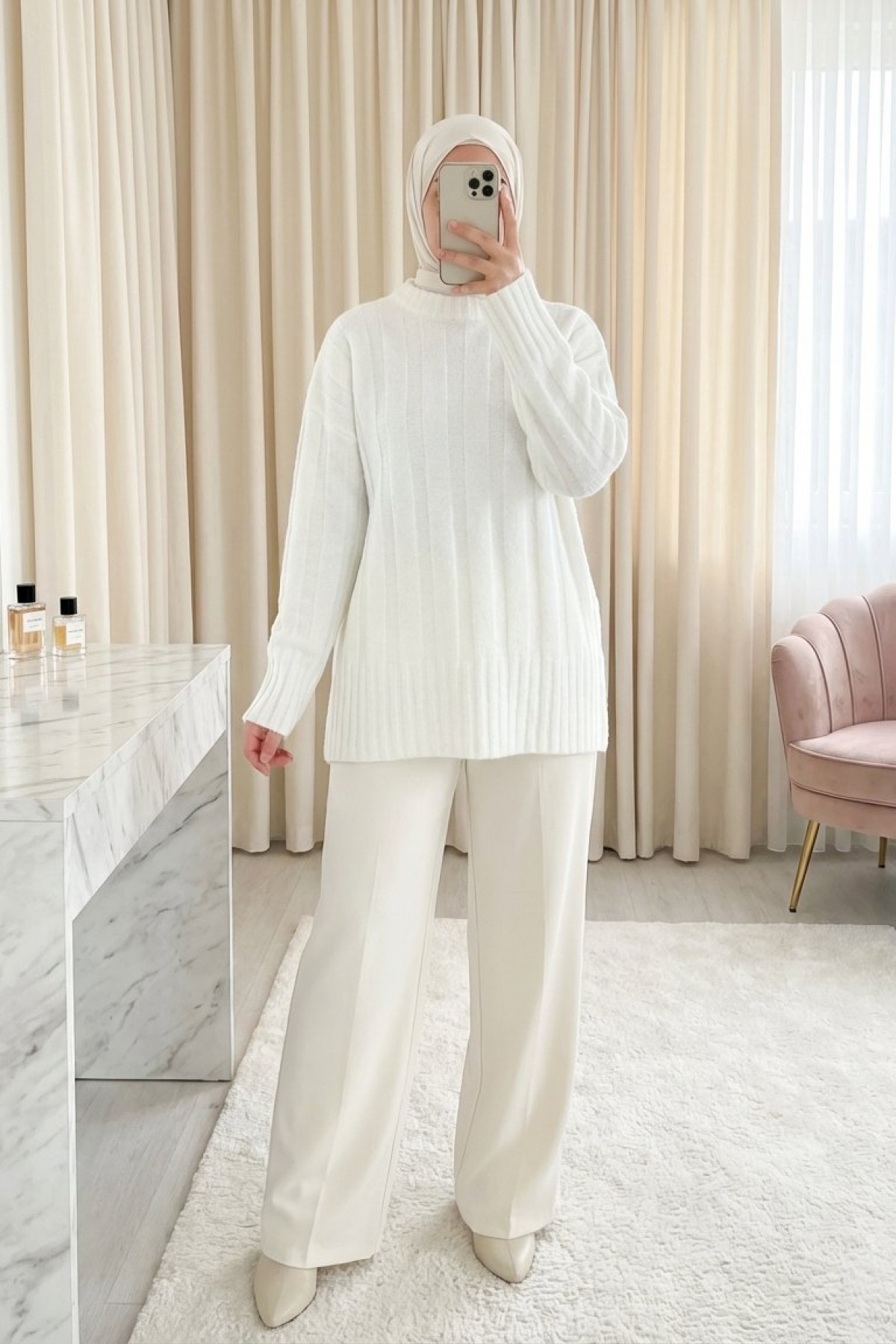 Half-Neck Striped Patterned Soft Knit Sweater -White