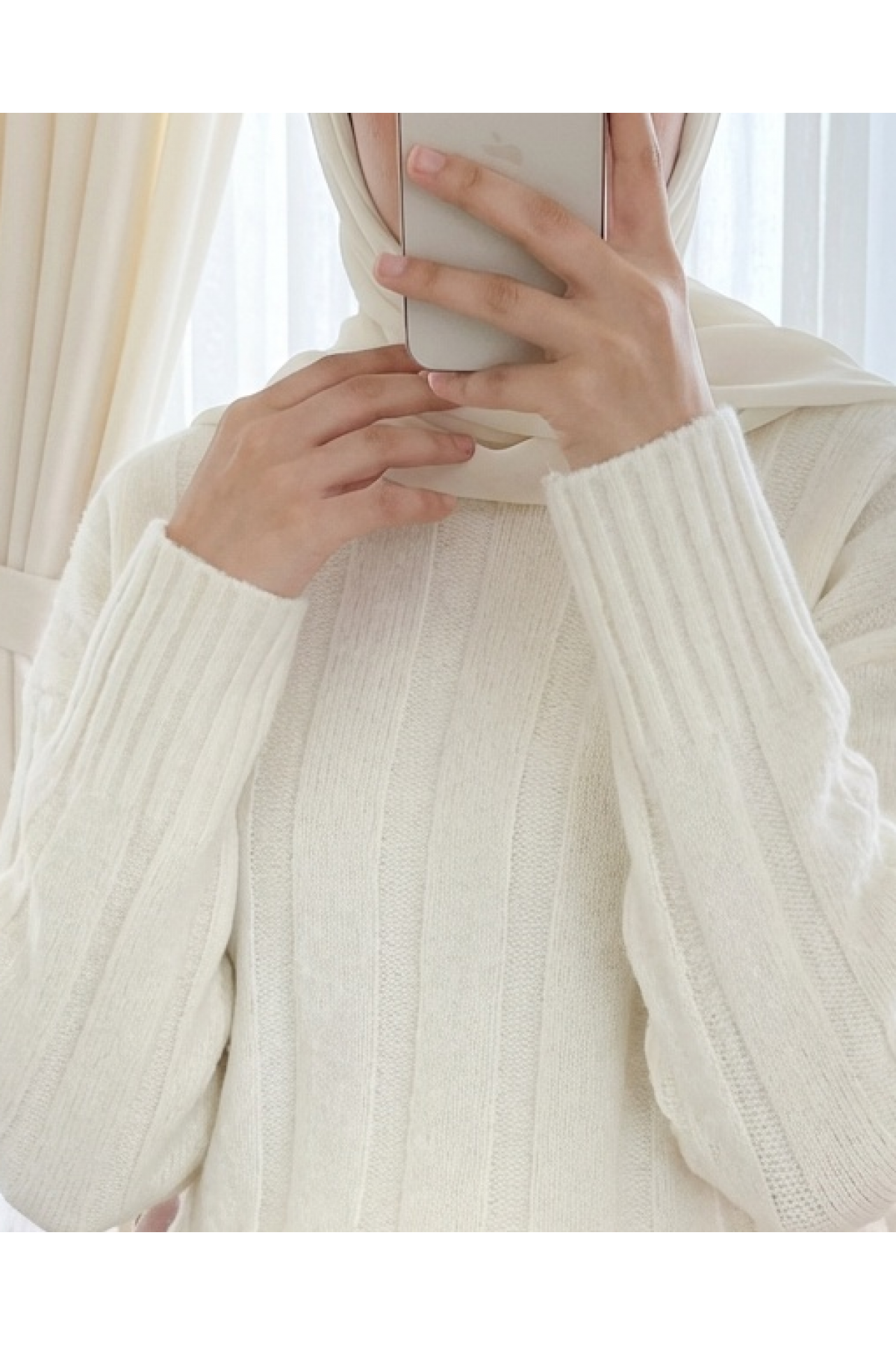 Half-Neck Striped Patterned Soft Knit Sweater -White