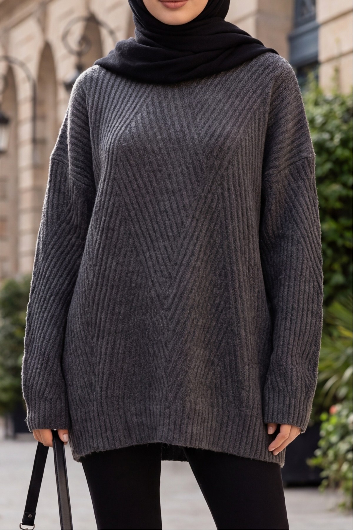 Crew Neck Patterned Loose-Fit Knit Tunic -Smoked 