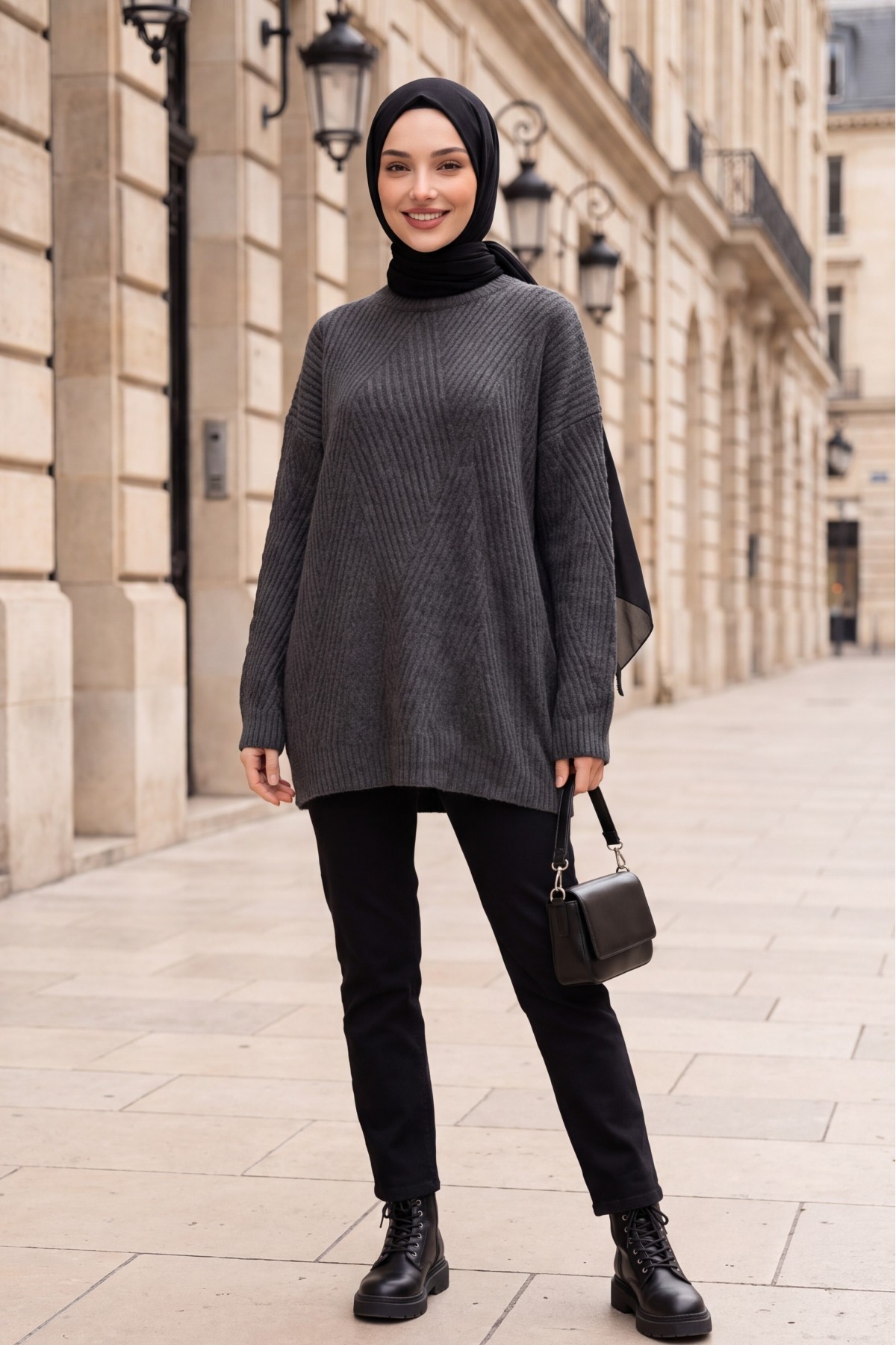 Crew Neck Patterned Loose-Fit Knit Tunic -Smoked 