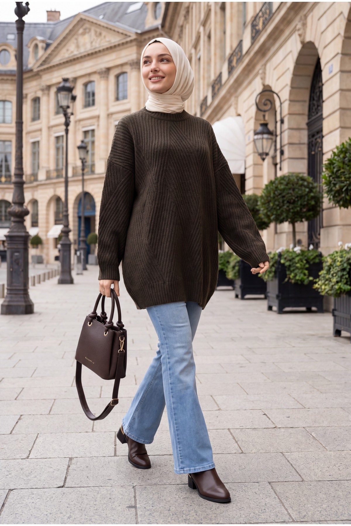 Crew Neck Patterned Loose-Fit Knit Tunic -Dark Coffee
