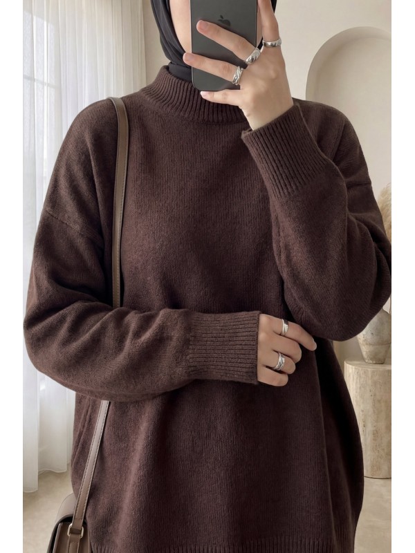 Yarım Boğazlı Yumoş Salaş Triko Kazak  -Kahve