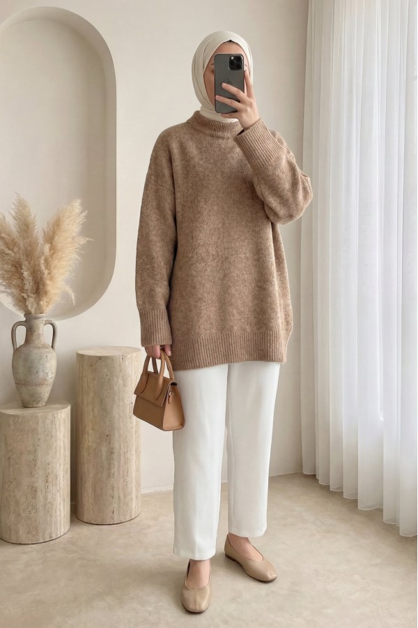 Yarım Boğazlı Yumoş Salaş Triko Kazak  -Vizon