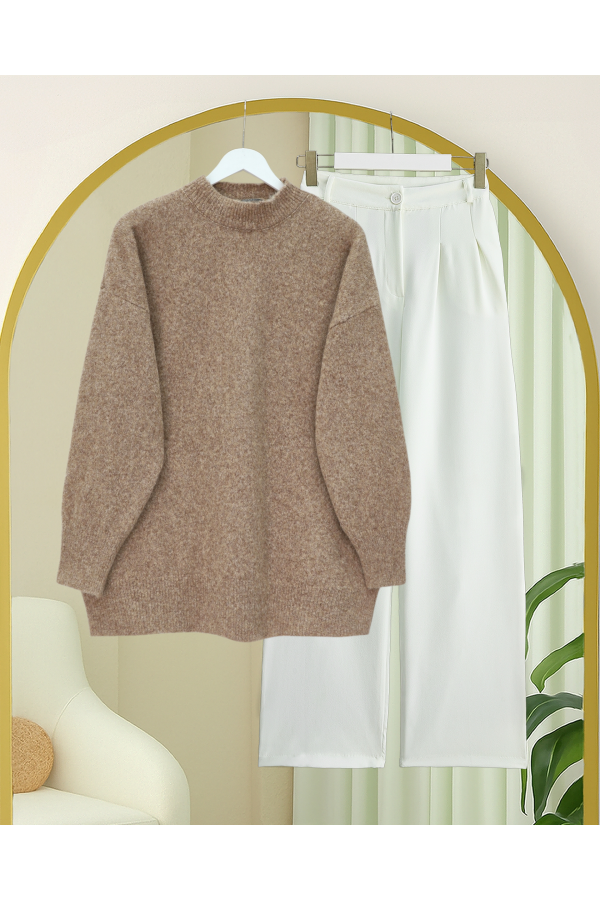 Yarım Boğazlı Yumoş Salaş Triko Kazak  -Vizon