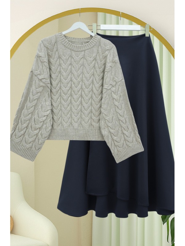 Örgü Desenli Salaş Krop Triko Kazak -Taş