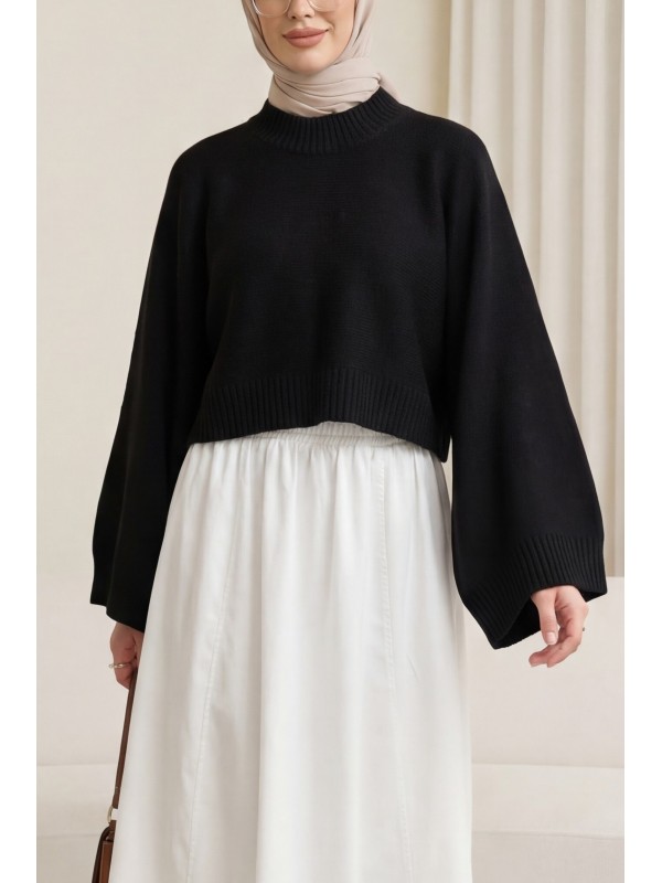 Yarım Boğazlı Yarasa Kol Etek Üstü Triko Kazak -Siyah