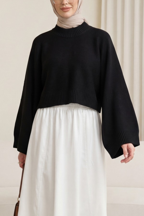Half-Neck Batwing Sleeve Knitted Sweater for Skirt -Black