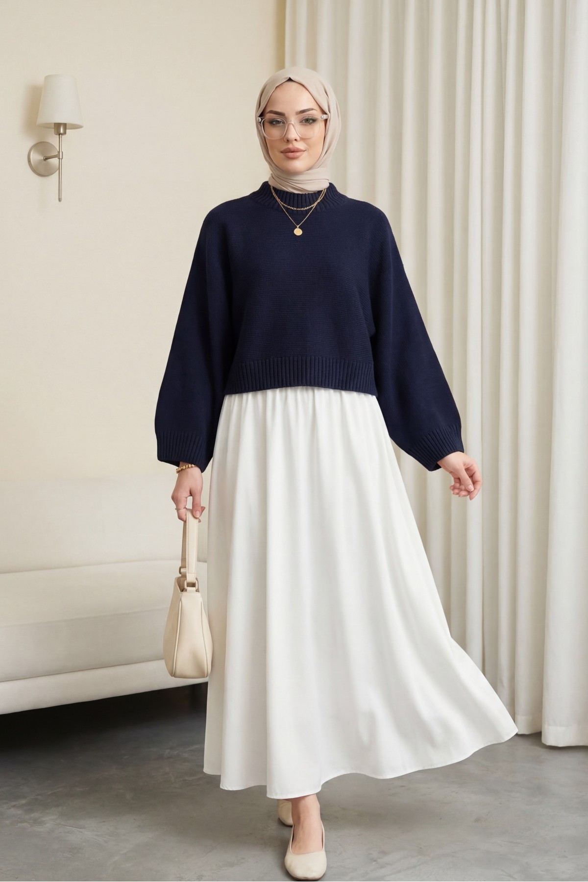 Yarım Boğazlı Yarasa Kol Etek Üstü Triko Kazak -Laci