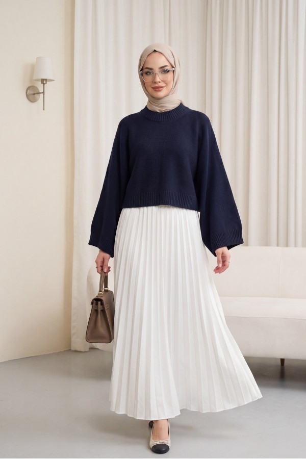 Half-Neck Batwing Sleeve Knitted Sweater for Skirt -Navy blue