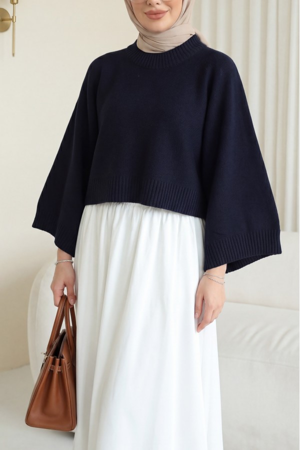 Half-Neck Batwing Sleeve Knitted Sweater for Skirt -Navy blue