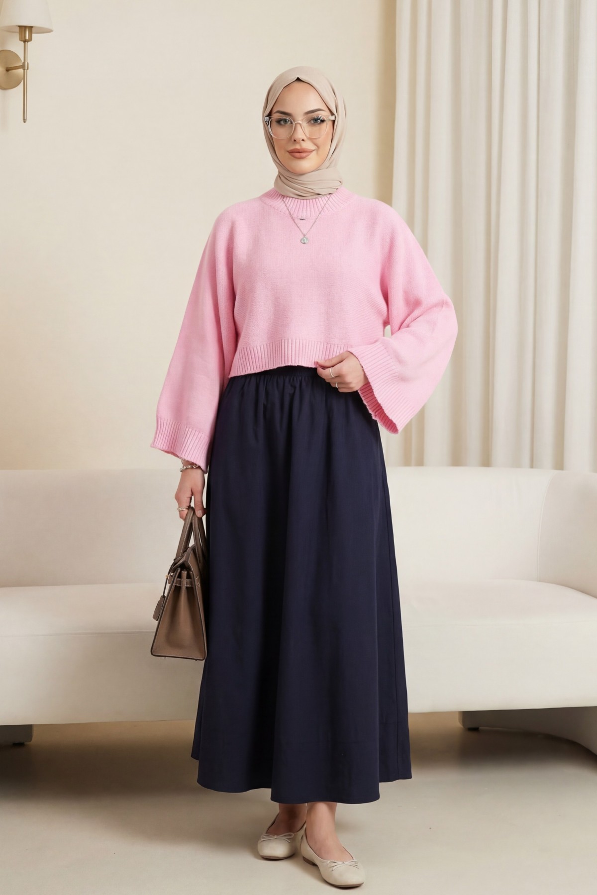 Half-Neck Batwing Sleeve Knitted Sweater for Skirt -Pink