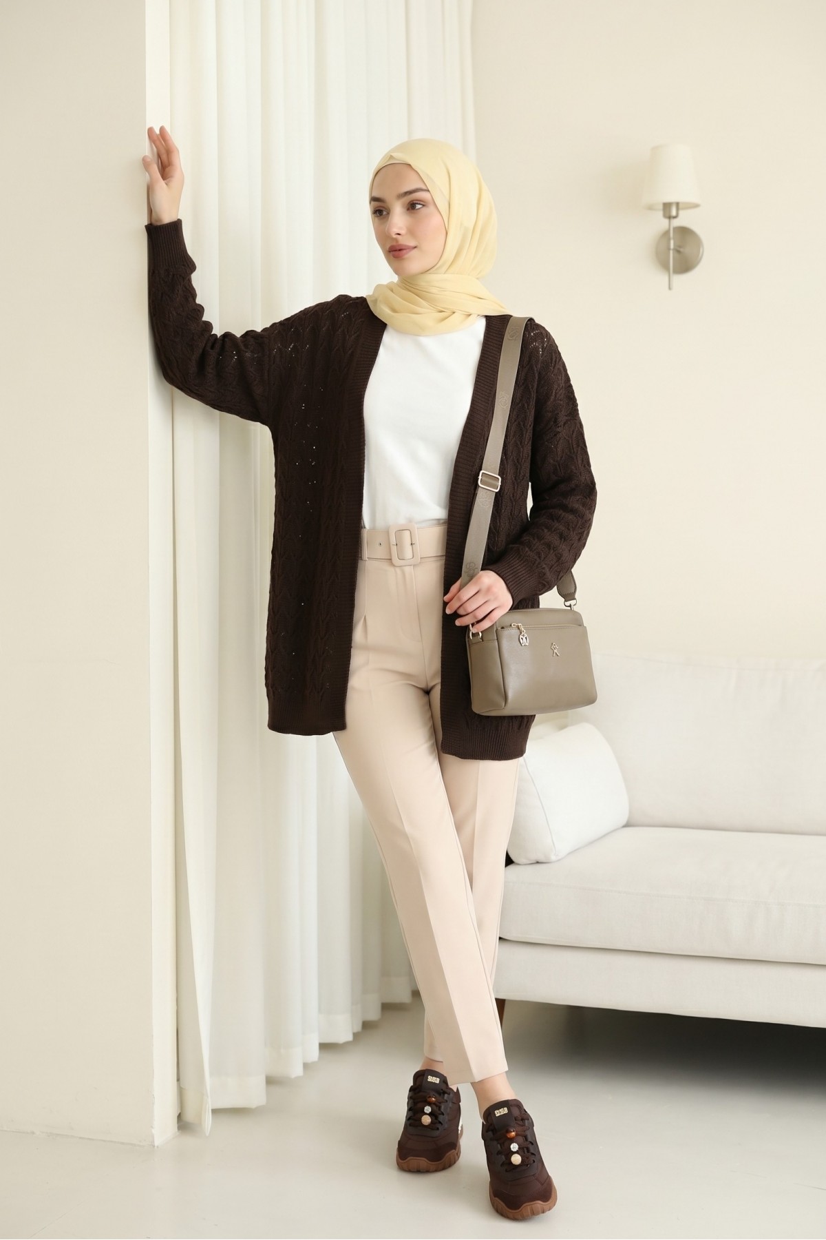 Loose-fitting knitted cardigan with openwork pattern. -Dark Coffee