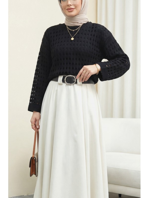 Kayık Yaka Ajurlu Triko Kazak -Siyah