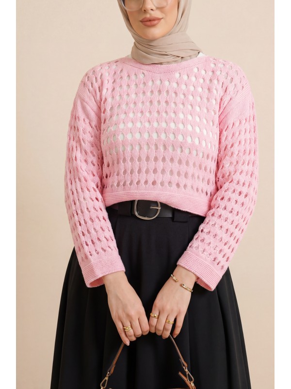 Kayık Yaka Ajurlu Triko Kazak -Pembe