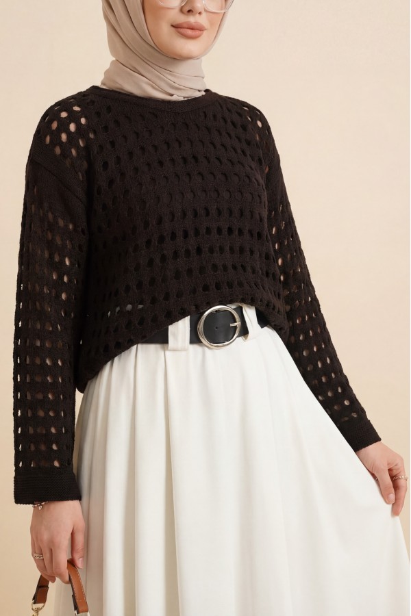 Kayık Yaka Ajurlu Triko Kazak -K. Kahve