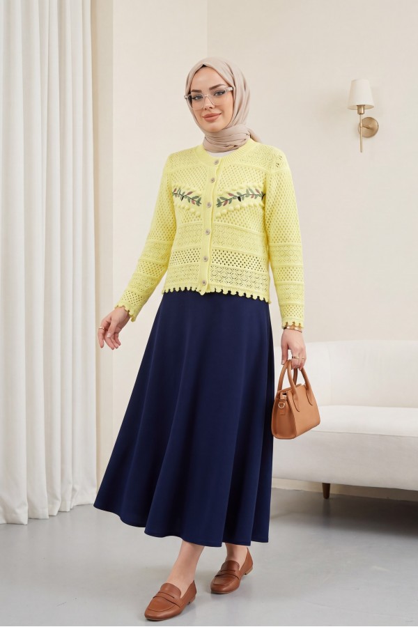 كارديجان محبوك مفتوح مطرز بأزرار أمامية   -أصفر