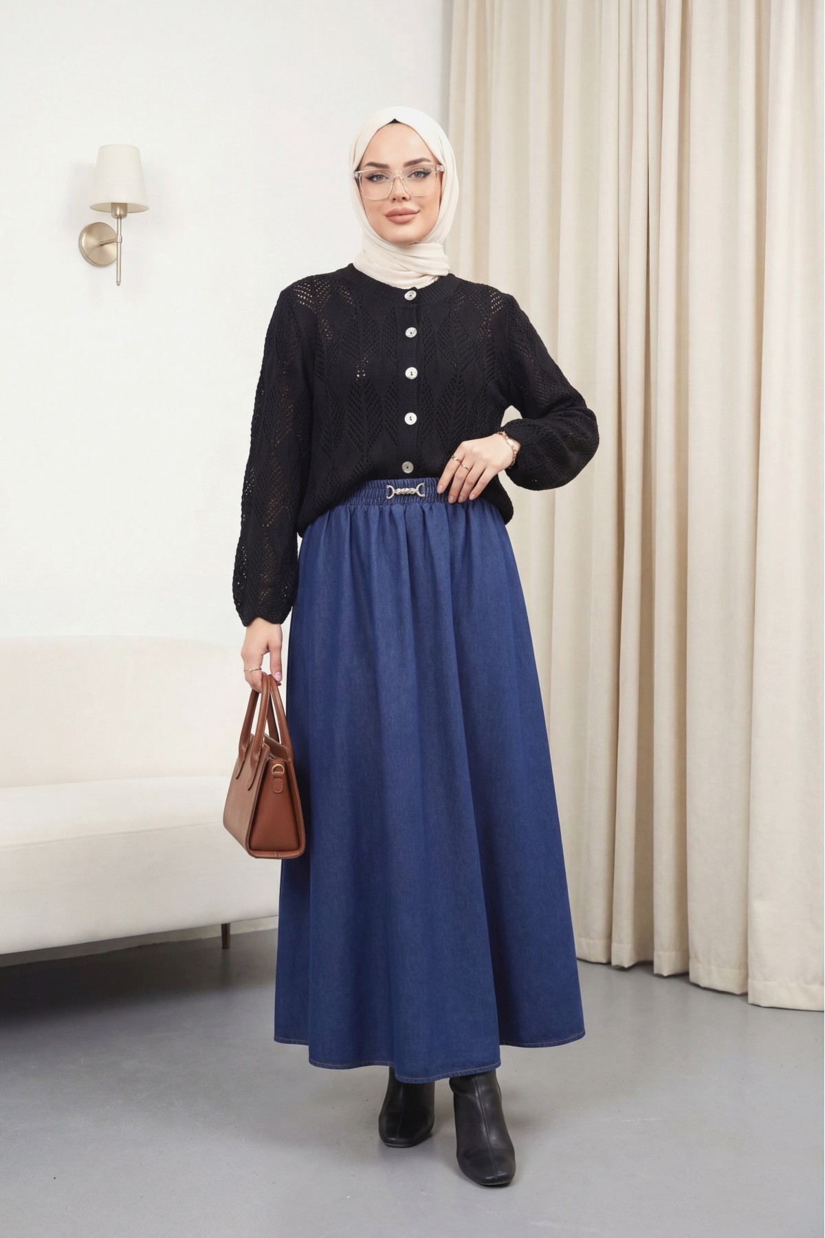 Leaf Patterned Openwork Knit Cardigan -Black