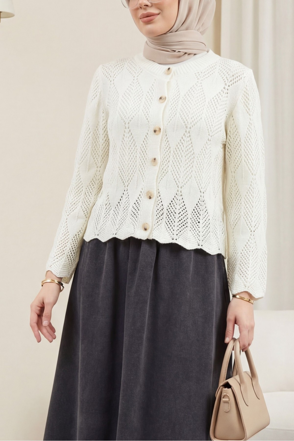 Leaf Patterned Openwork Knit Cardigan -White