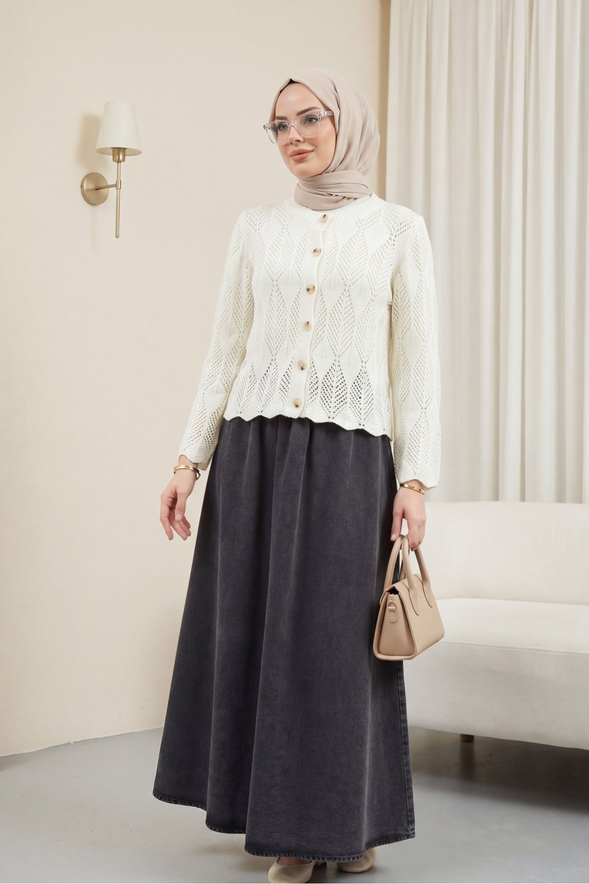 Leaf Patterned Openwork Knit Cardigan -White