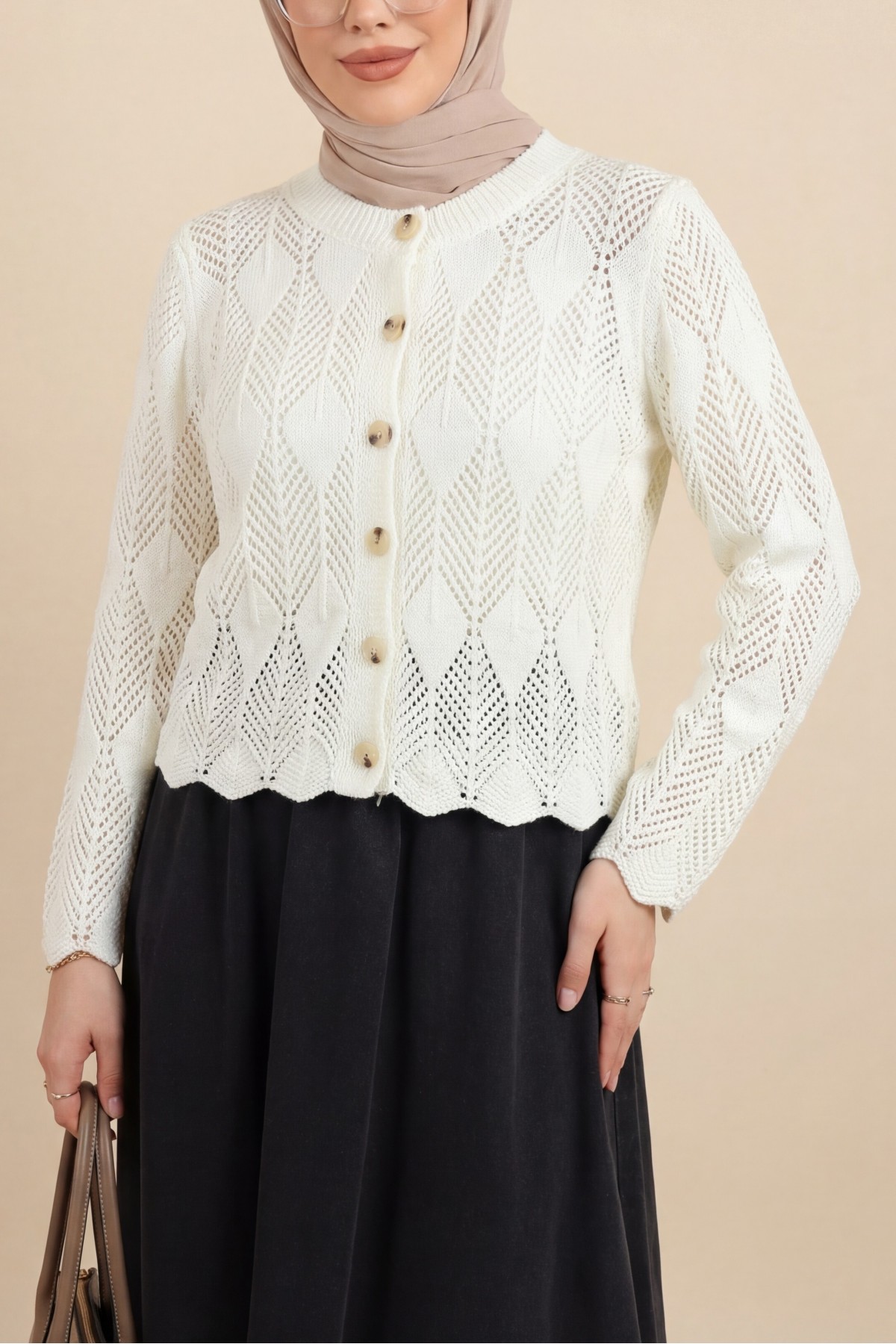 Leaf Patterned Openwork Knit Cardigan -White