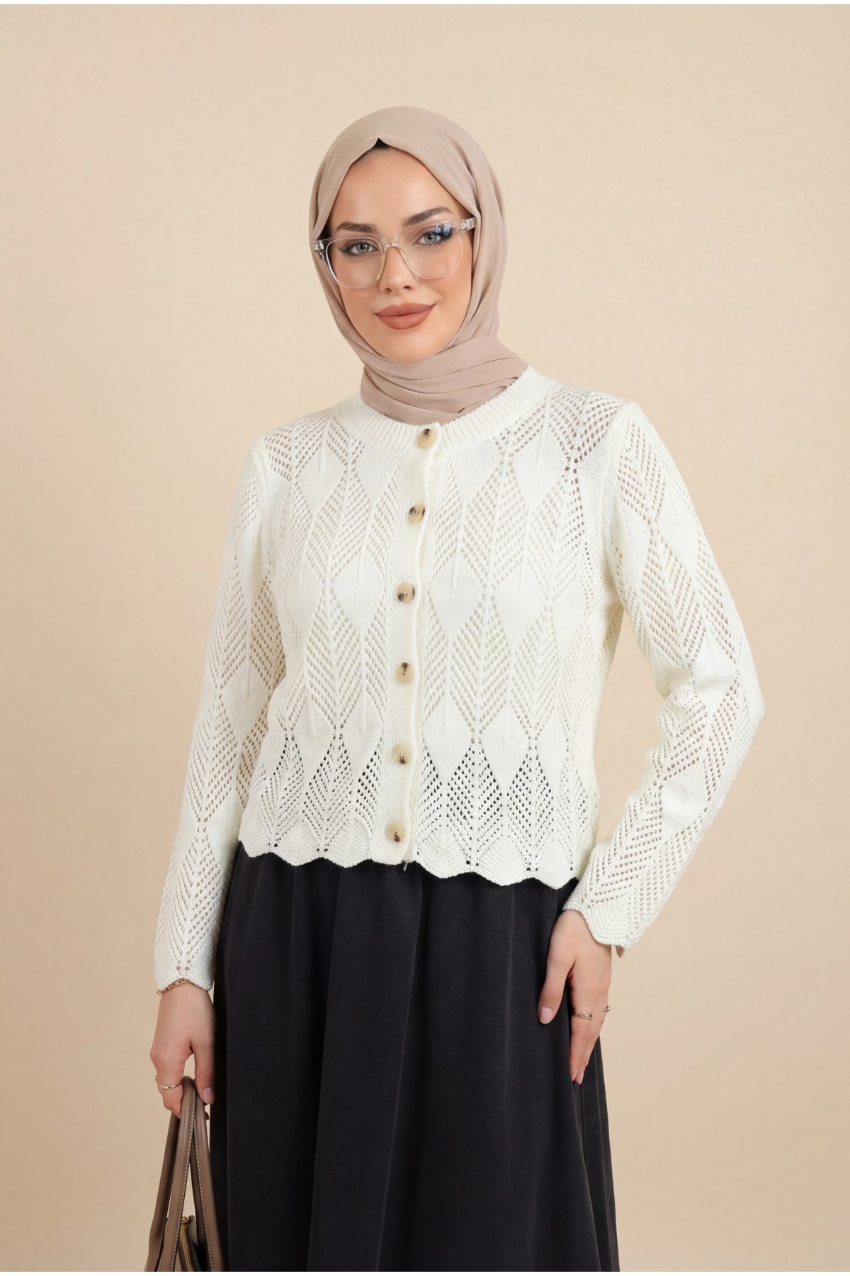 Leaf Patterned Openwork Knit Cardigan -White