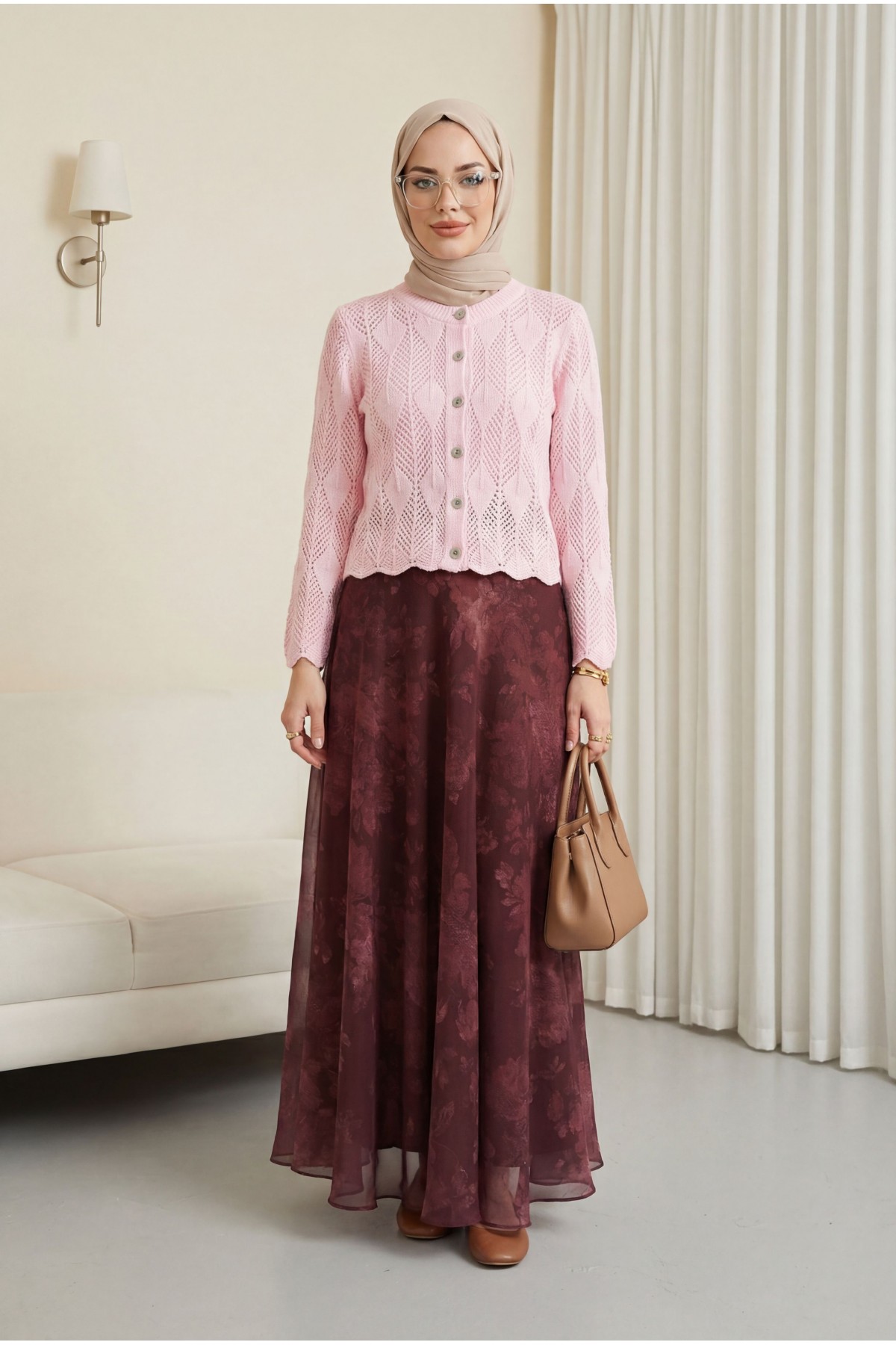 Leaf Patterned Openwork Knit Cardigan   -Pink