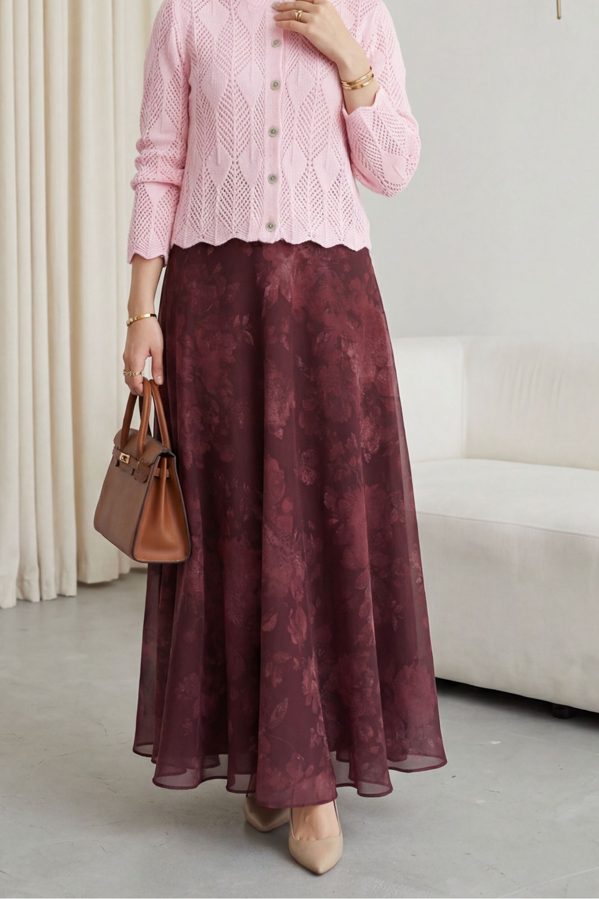 Leaf Patterned Openwork Knit Cardigan   -Pink