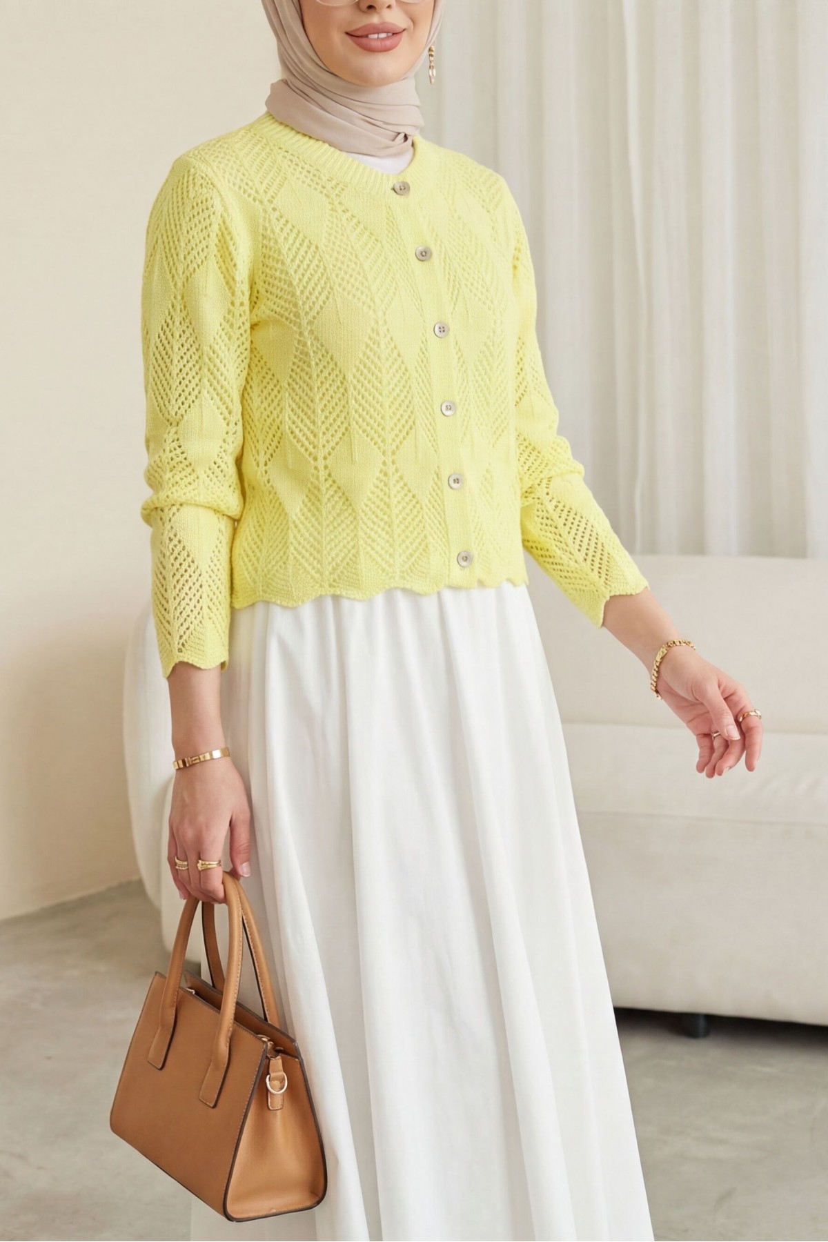 Leaf Patterned Openwork Knit Cardigan  -Yellow