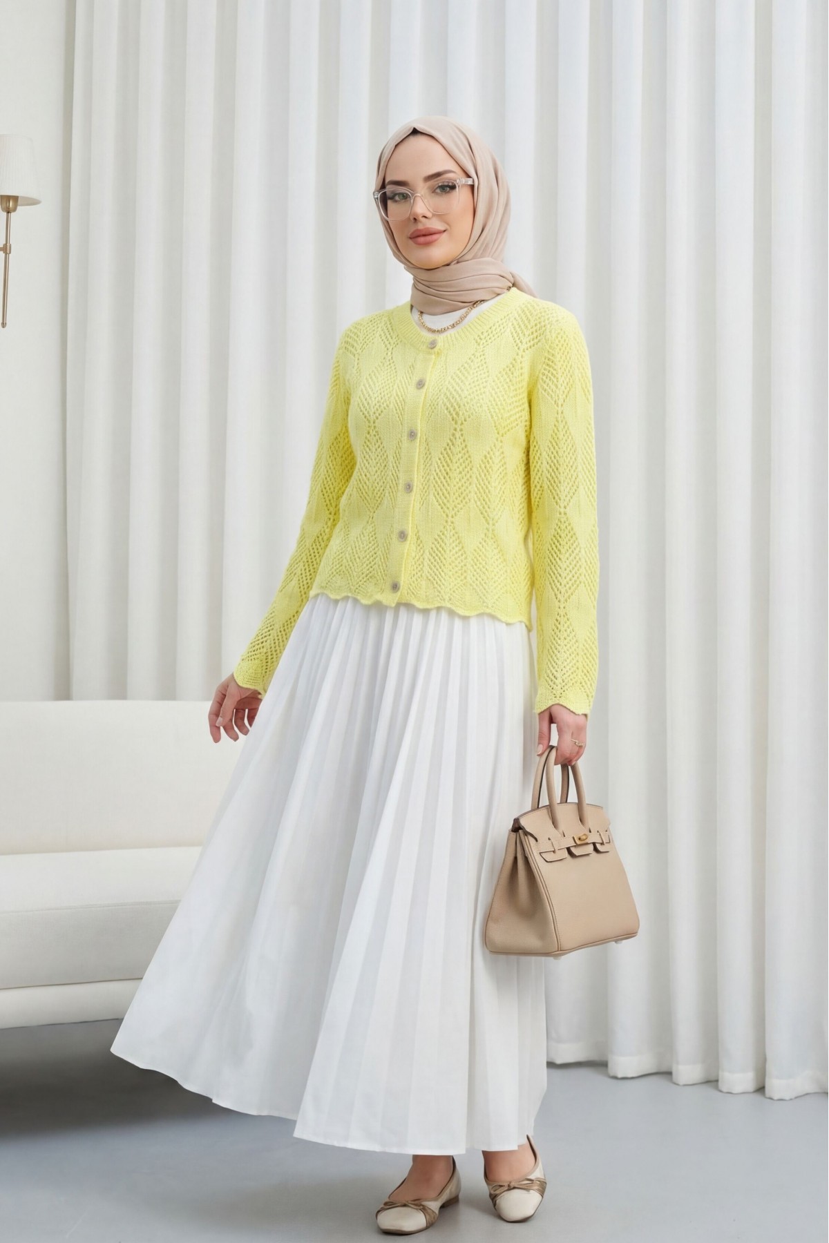 Leaf Patterned Openwork Knit Cardigan  -Yellow