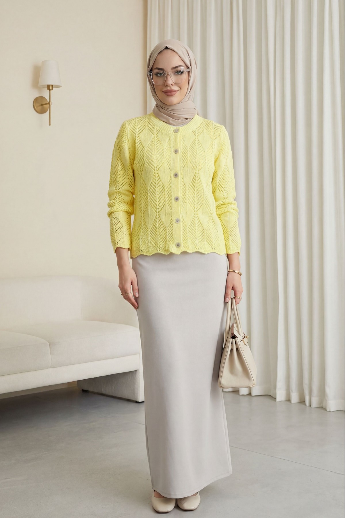 Leaf Patterned Openwork Knit Cardigan  -Yellow