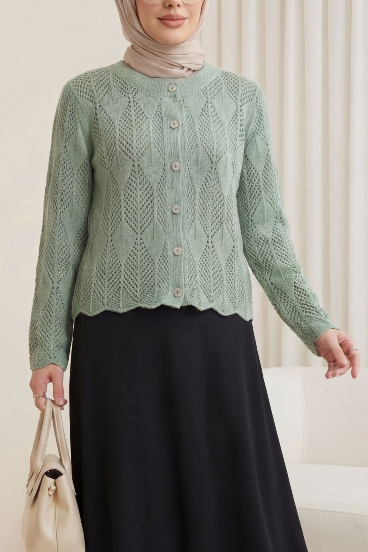 Leaf Patterned Openwork Knit Cardigan  -Mint Color