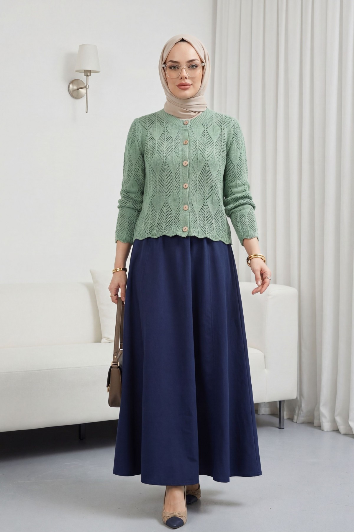 Leaf Patterned Openwork Knit Cardigan  -Mint Color