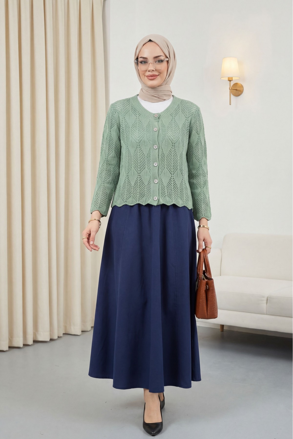 Leaf Patterned Openwork Knit Cardigan  -Mint Color