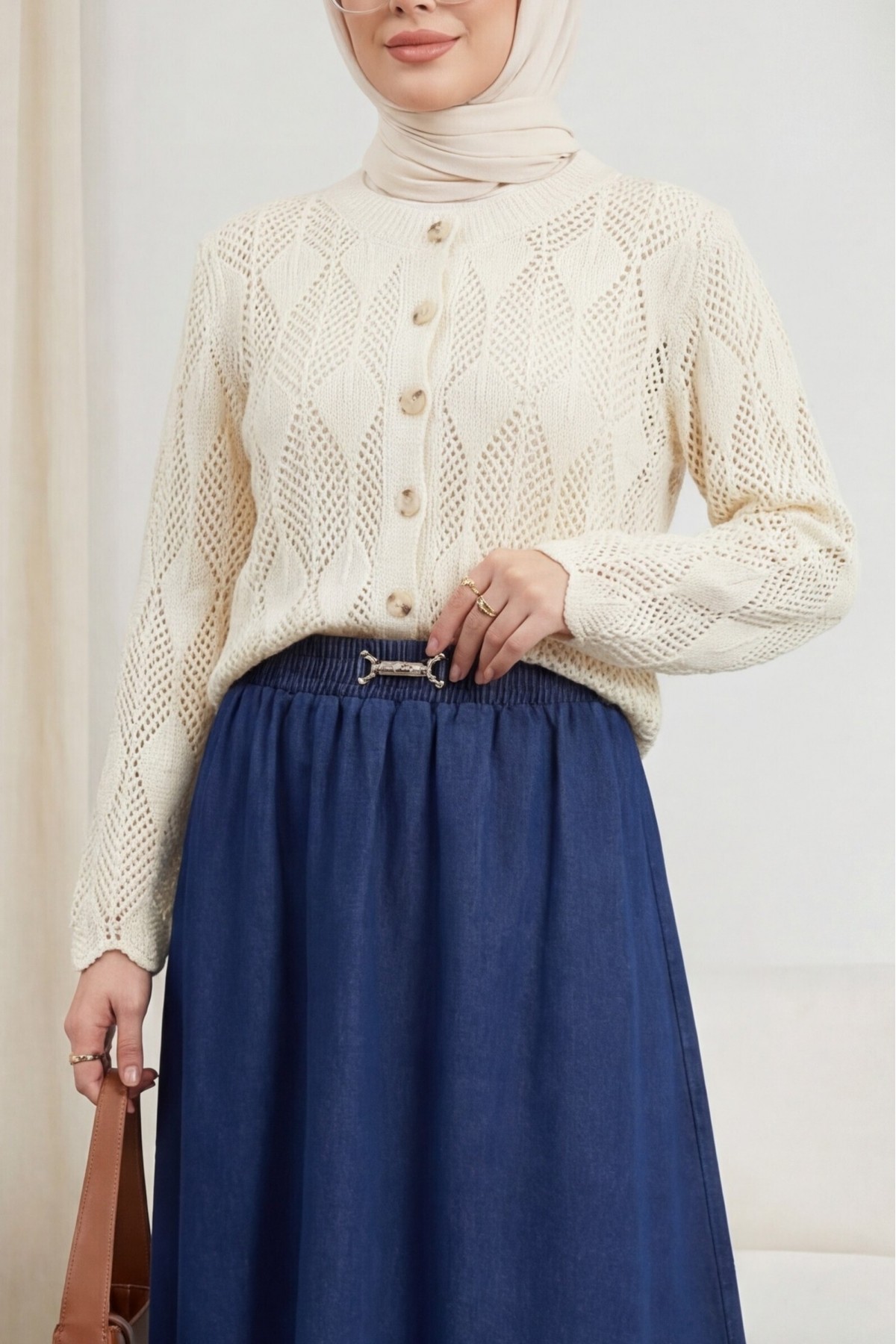 Leaf Patterned Openwork Knit Cardigan -Cream color