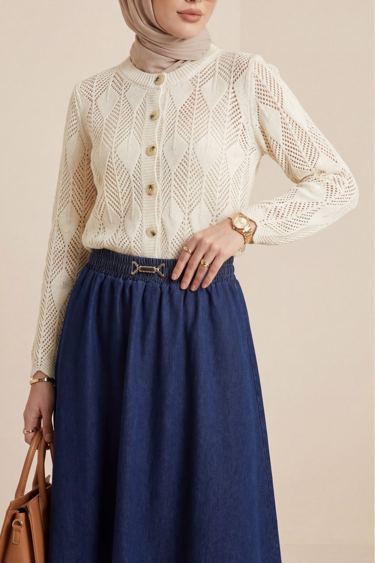 Leaf Patterned Openwork Knit Cardigan -Cream color
