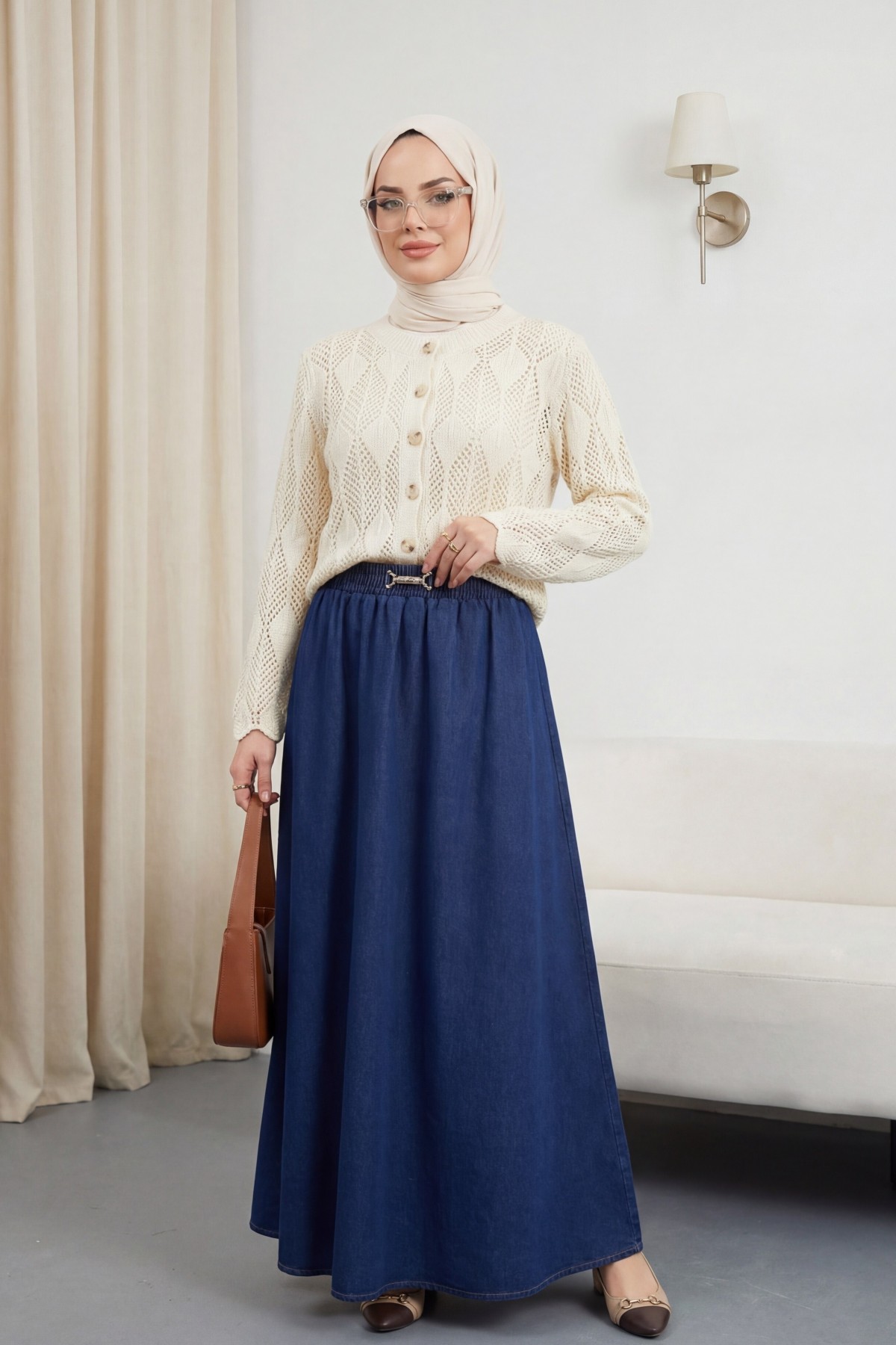 Leaf Patterned Openwork Knit Cardigan -Cream color