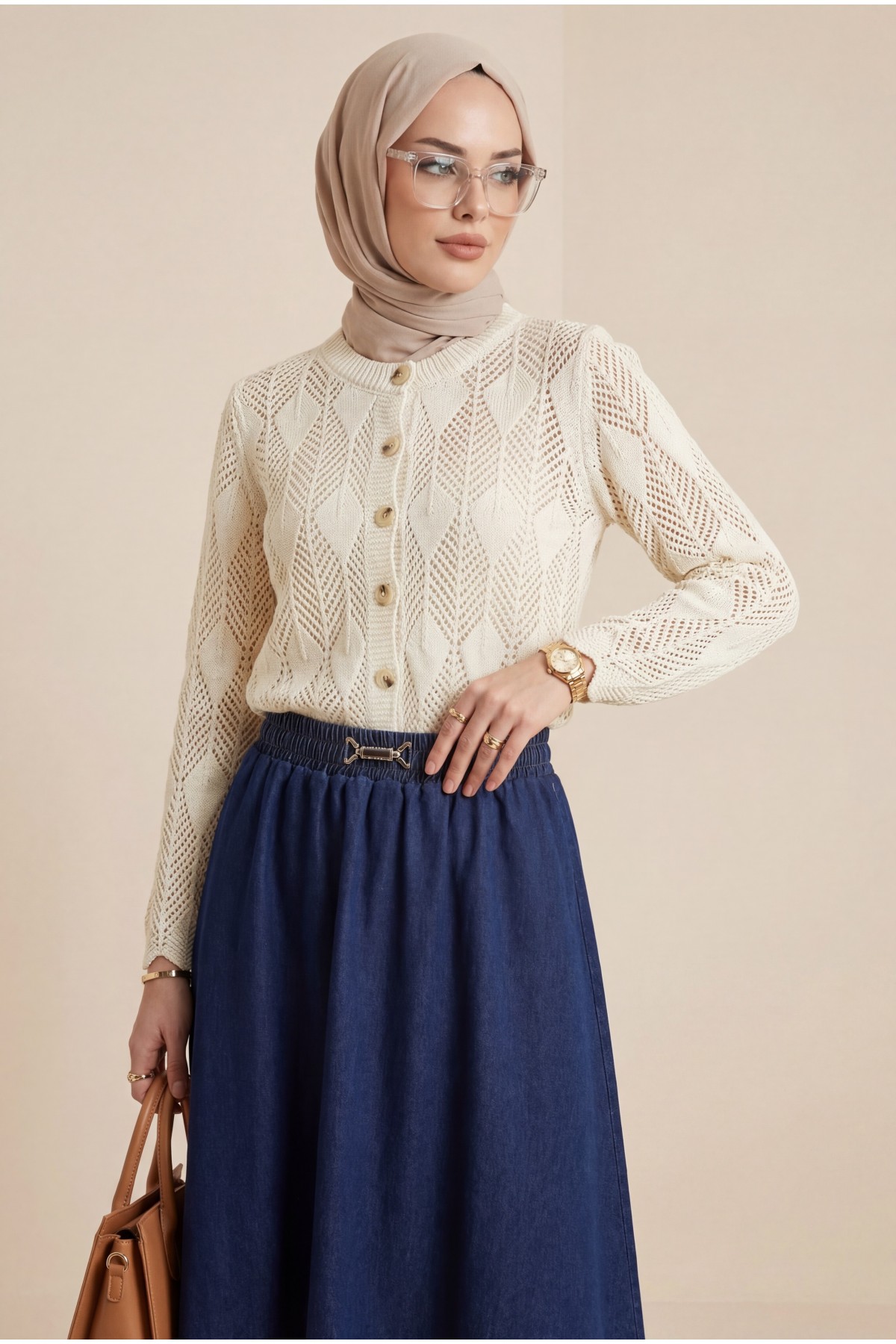 Leaf Patterned Openwork Knit Cardigan -Cream color