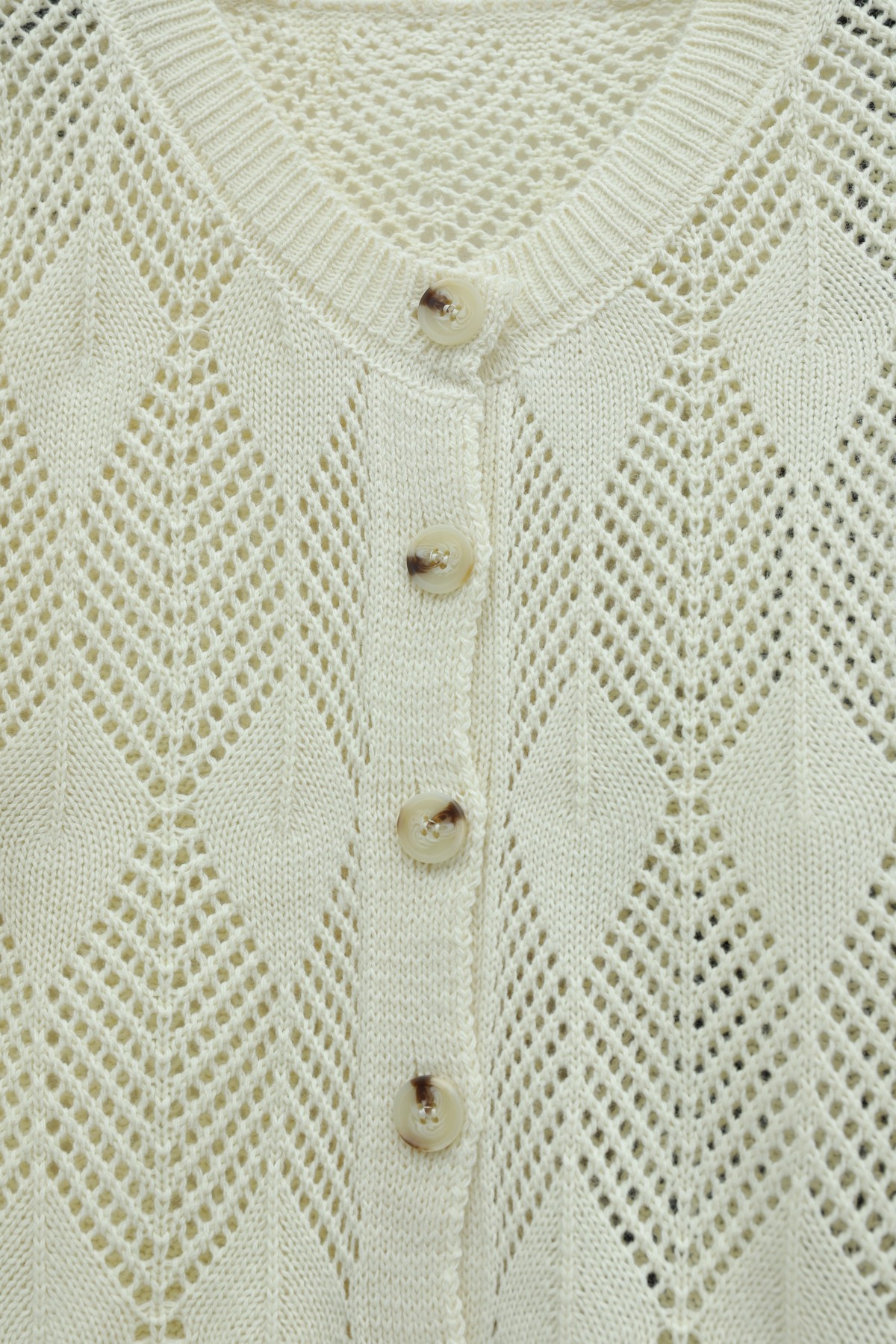 Leaf Patterned Openwork Knit Cardigan -Cream color